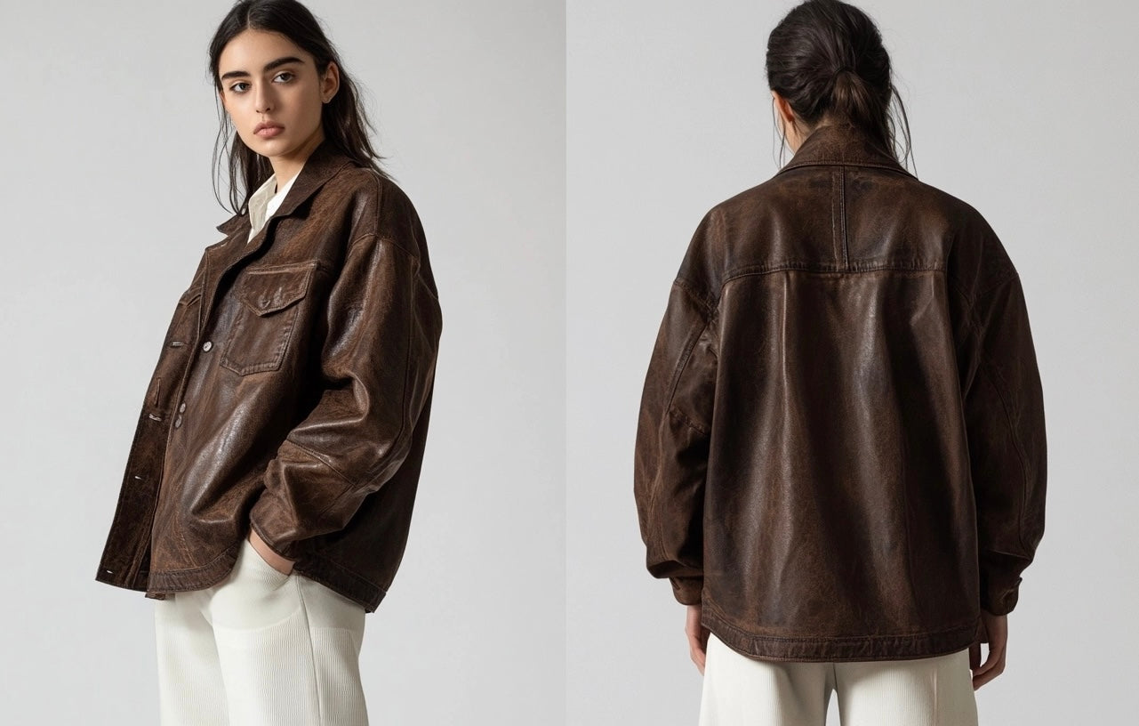 ASTRID EDGE,WOMEN OVERSIZED DISTRESSED LEATHER JACKET
