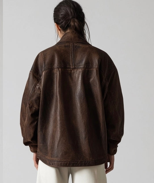 ASTRID EDGE,WOMEN OVERSIZED DISTRESSED LEATHER JACKET