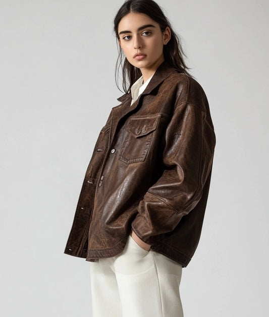 ASTRID EDGE,WOMEN OVERSIZED DISTRESSED LEATHER JACKET