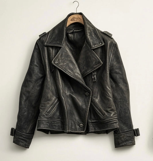 EDGY ENIGMA WOMEN OVERSIZED DISTRESSED LEATHER JACKET
